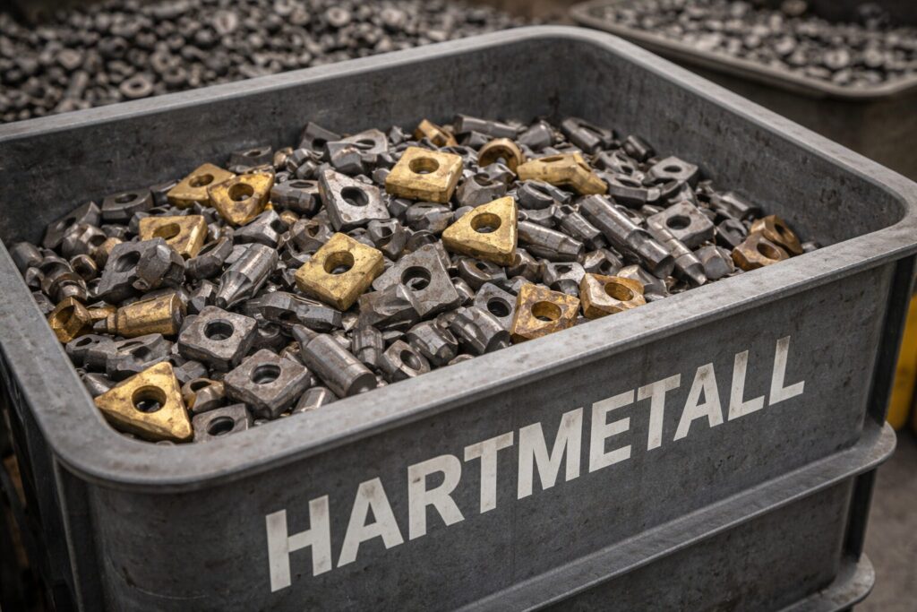 Hartmetall Schrott in Sammelbox mit Wendeschneidplatten und VHM Werkzeugen